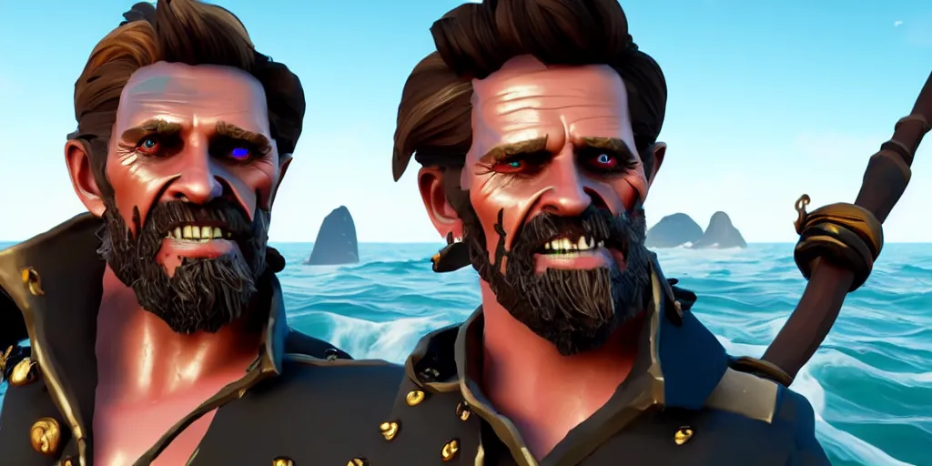 Image similar to selfie of willem dafoe as a sea of thieves character, sea of thieves screenshot, storm, unreal engine, digital art