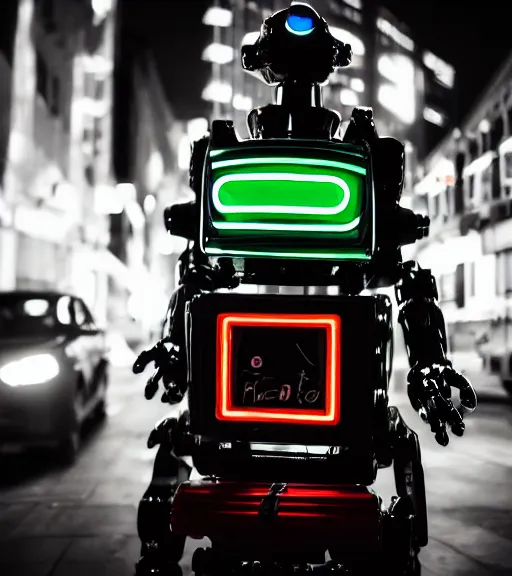 Image similar to portrait of robot lowlight neon lights, cinematic,4k,35mm,street photo, epic