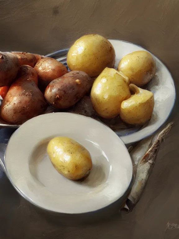 Prompt: A ultradetailed beautiful panting of an extremely appetizing plate of potatoes and mushroom, oil panting, high resolution 4K, by Ilya Kuvshinov, Greg Rutkowski and Makoto Shinkai