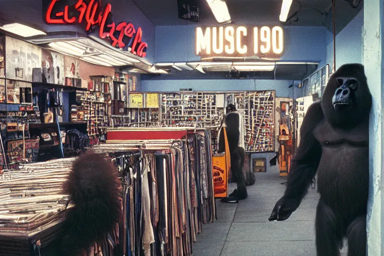 Prompt: Large gorilla shopping, inside of a 1970s music store store, neon lights, dirty, ektachrome photograph, volumetric lighting, f8 aperture, cinematic Eastman 5384 film