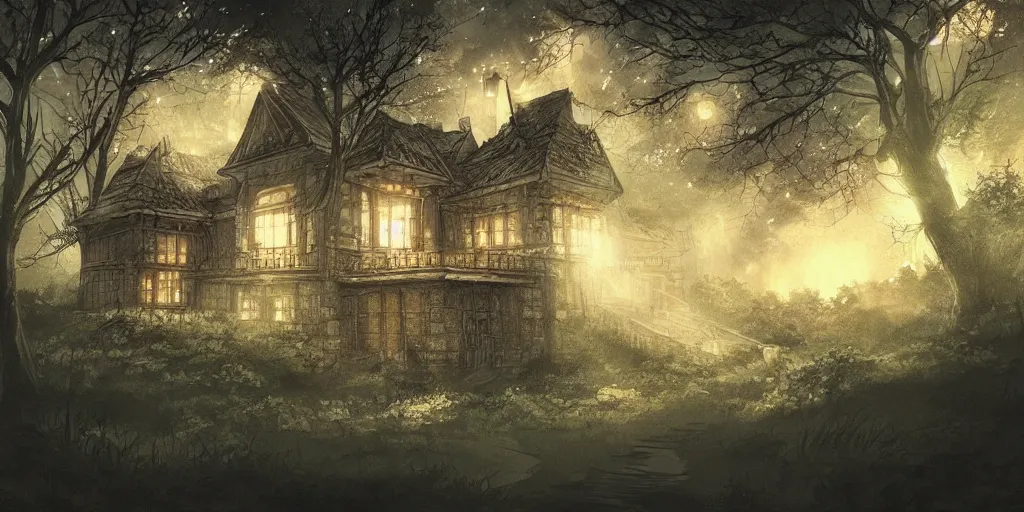 Prompt: manor in the middle of the forest, at night, no light, artstation, detailled, manga!!!, fantasy