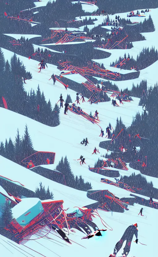 Image similar to by moebius and atey ghailan | the bottom of a ski slope with a huge pile of tangled up skiers |