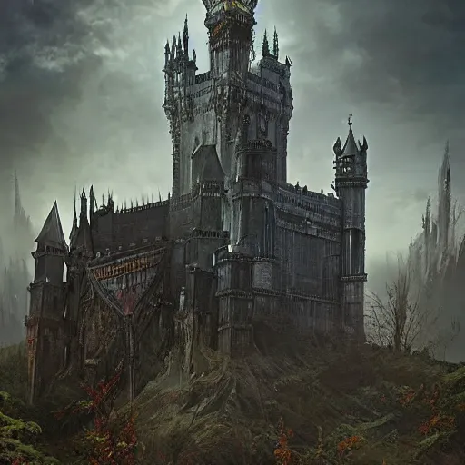 Image similar to a lonely and impossibly tall ominous gothic dark citadel tower of the evil patriarch, battlements, castle wall, portcullis, in a river elevated high above the city, flintlock fantasy capital city, scary gothic architecture, ultrawide lense, aerial photography, unreal engine, exquisite detail, 8 k, art by greg rutkowski and alphonse mucha