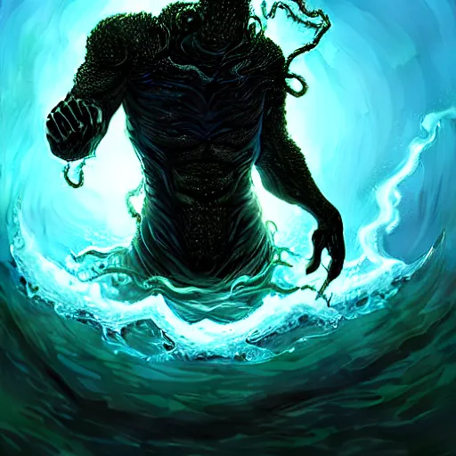 Image similar to in the style of Steve Niles and artgerm, Chtulhu rising from the water,, Lovecraftian, ocean, night, storm, lighting, terror, horror