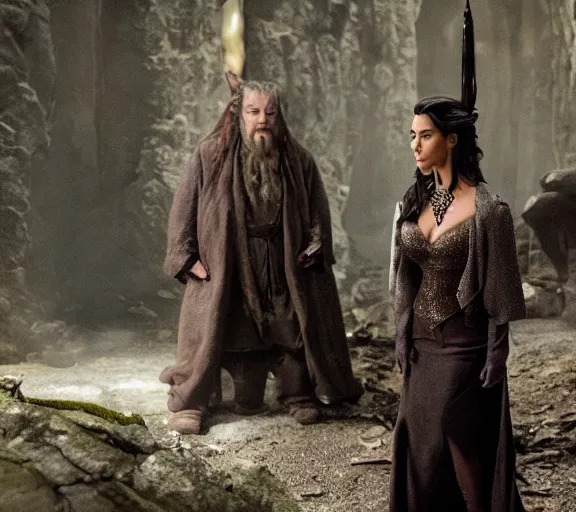 Prompt: a movie still of kim kardashian in the movie the hobbit