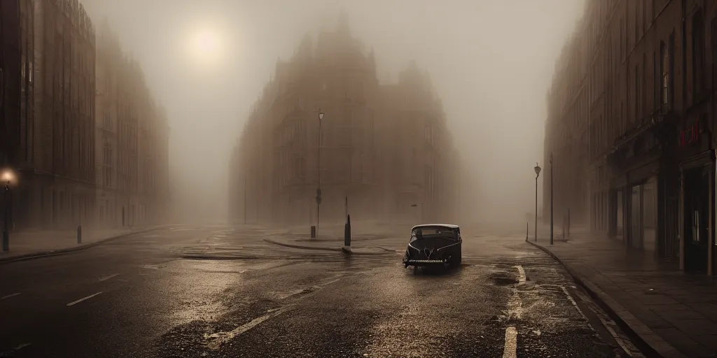 Image similar to parked car on deserted london street 1960, fog, rain, volumetric lighting, beautiful, golden hour, sharp focus, ultra detailed, cgsociety