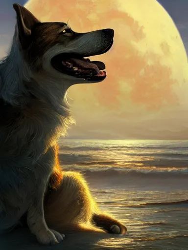 Prompt: the moon, a dog howling, the beautiful ocean in the backgound. intricate, elegant, highly detailed, digital painting, artstation, concept art, sharp focus, illustration, by justin gerard and artgerm, 8 k