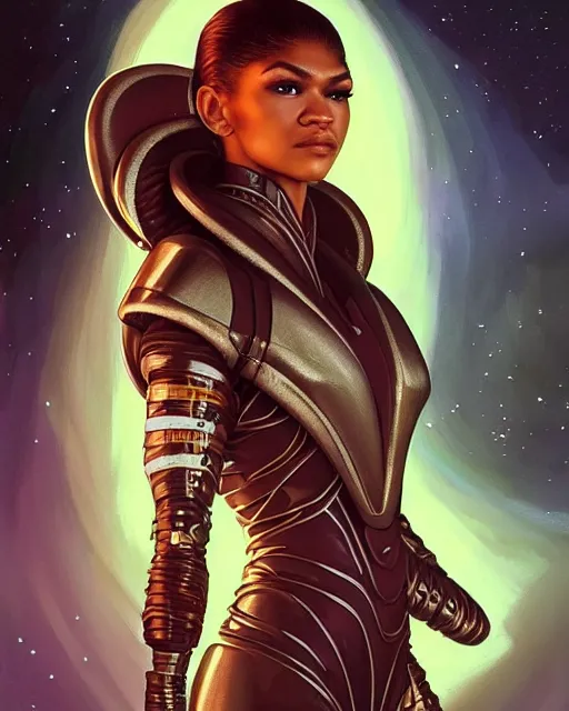 Image similar to zendaya has a fearful look in a space suit floating through the darkness of space, deep focus, D&D, fantasy, intricate, elegant, highly detailed, digital painting, artstation, concept art, matte, sharp focus, illustration, hearthstone, art by Artgerm and Greg Rutkowski and Alphonse Mucha