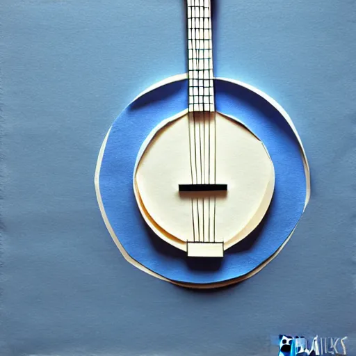 Image similar to a banjo emerging behind the blue ridge mountain range, paper art