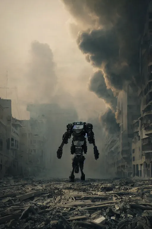 Prompt: vfx film closeup, futuristic giant powerful sci - fi mech walking out of smoke and debris in war zone, crumbling buildings, flat color profile low - key lighting award winning photography arri alexa cinematography, hyper real photorealistic cinematic, atmospheric cool colorgrade