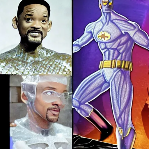 Image similar to will smith as iceman, clear ice, human sculpture, freezing gold, mr freeze, style if batman animated series