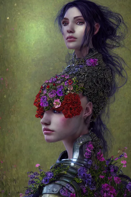 Prompt: portrait of beautiful young mainem, warhammer, cyber armor, a lot of more scars, more and more flowers, the middle ages, highly detailed, artstation, illustration, sylvari portrait, 8 k quality, art by gustav klimt