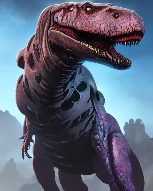 Image similar to trex as an apex legends character digital illustration portrait design by, wayne barlowe detailed, gorgeous lighting, wide angle action dynamic portrait octane render