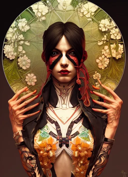 Image similar to symmetry!! portrait of floral! borderlands 3 psycho, intricate, elegant, highly detailed, digital painting, artstation, concept art, smooth, sharp focus, illustration, art by artgerm and greg rutkowski and alphonse mucha, 8 k