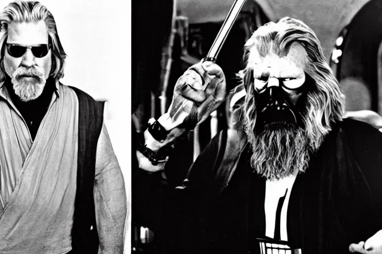 Prompt: Jeff Bridges from The Big Lebowski bowling in the Mos Eisley Cantina from Star Wars with Darth Vader