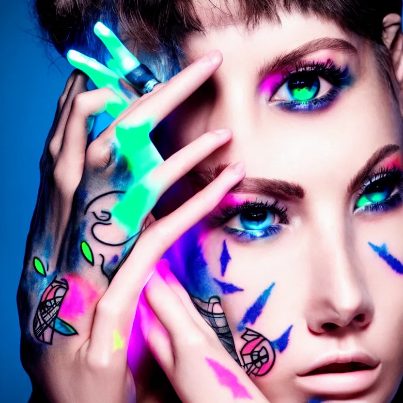Prompt: the face of a beautiful cyborg woman with fluorescent tatoos