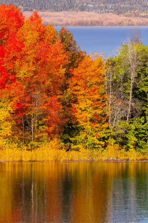 Prompt: realistic hq photograph a beautiful lake, trees in background of maple and poplar trees, in the autumn, red orange and yellow leaves, trees reflecting on the lake