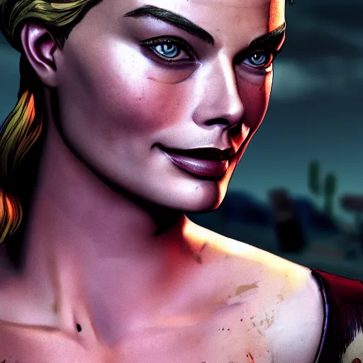 Image similar to margot robbie portrait, borderlands, tales from the borderlands, the wolf among us, comic, cinematic lighting, studio quality, 8 k