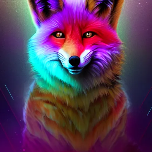 Prompt: digital fox, retrowave palette, digital augment world, highly detailed, electric breeze, anatomically correct vulpine, synth feel, fluffy face, ear floof, flowing fur, super realism, accurate animal imagery, 4 k digital art