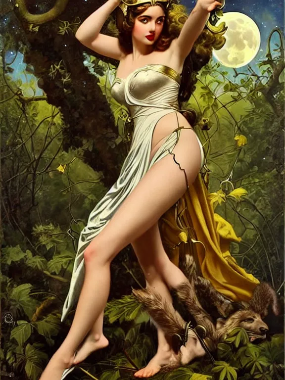 Image similar to Ana de armas as Artemis the Greek goddess of the hunt, a beautiful art nouveau portrait by Gil elvgren, Moonlit forest environment, centered composition, defined features, golden ratio, silver jewelry