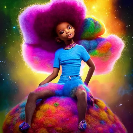 Image similar to a cute little african egyptian princess with a colorful afro sitting on a nebula cloud throne, bright colors, synthwave, watercolor, volumetric wool felting, felt, macro photography, children illustration, global illumination, radiant light, detailed and intricate environment, by goro fujita, bokeh!!!!