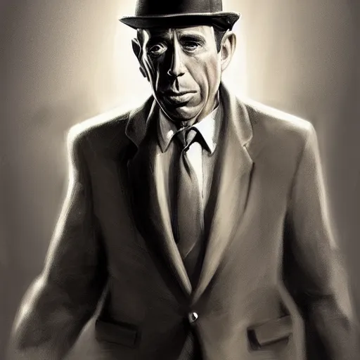 Prompt: humphrey bogart as film noir detective, portrait, highly detailed, digital painting, artstation, concept art, sharp focus, illustration, art , style of Walter Martin Baumhofer