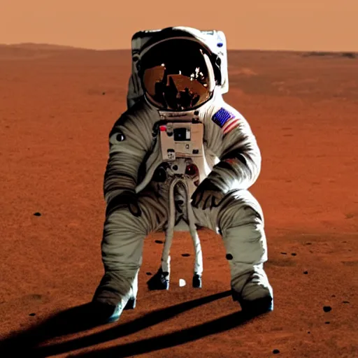 Prompt: photo of a astronaut sitting on a rock in Mars, 4K