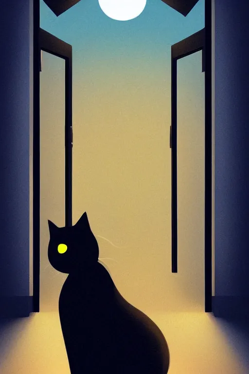 Prompt: chanting black cat sitting next to a glowing doorway, digital illustration, artstation, artstation hq, hd