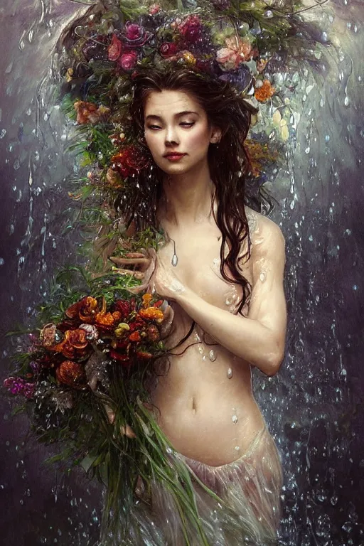 Prompt: portrait of a beautiful mysterious drenched woman holding a bouquet of flowing flowers, drenched clothing, wet dripping long hair, hands hidden under the bouquet, emerging from the water, fantasy, regal, intricate, by stanley artgerm lau, greg rutkowski, thomas kindkade, alphonse mucha, loish, norman rockwell
