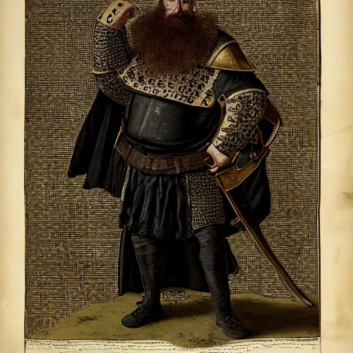 Image similar to Portrait of frustrated and acerbic male medieval sergeant with a short beard wearing a {black and yellow tabard} over a steel breastplate and a black gambeson with his hands planted on a table with a war theater map, by Greg Rutkowski, {perfect face}, {perfect eyes}, {hands planted on war table while standing}, fantasy