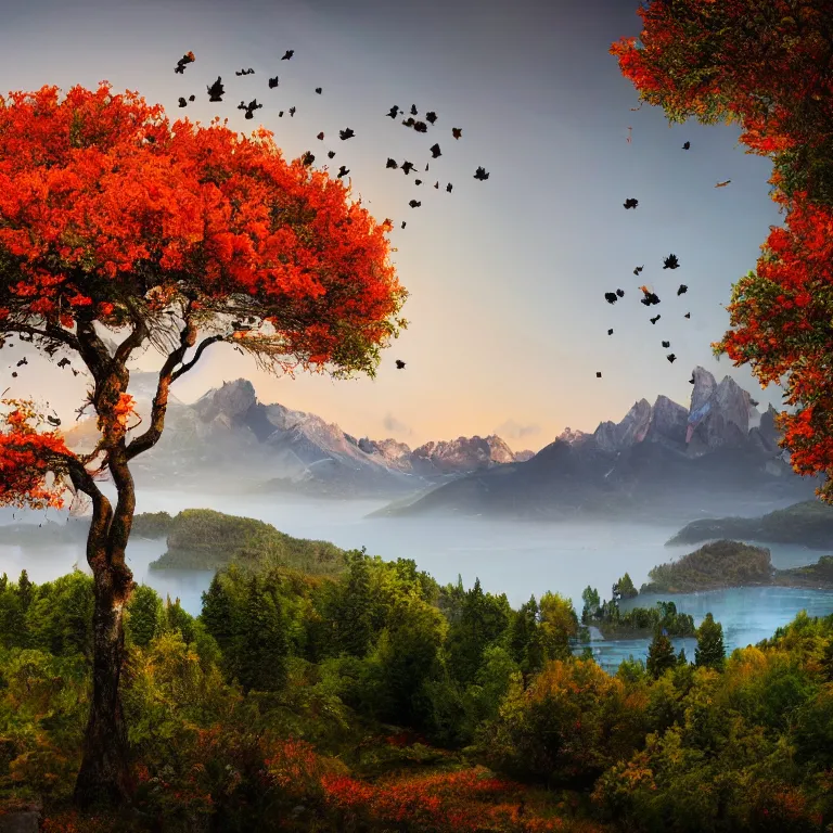 Image similar to a beautiful awesome artistic tree with falling flowers like leaves and many birds, all in the amazing outdoors view, mountain in the background, lake, long exposure, 8 k resolution, trending on artstation