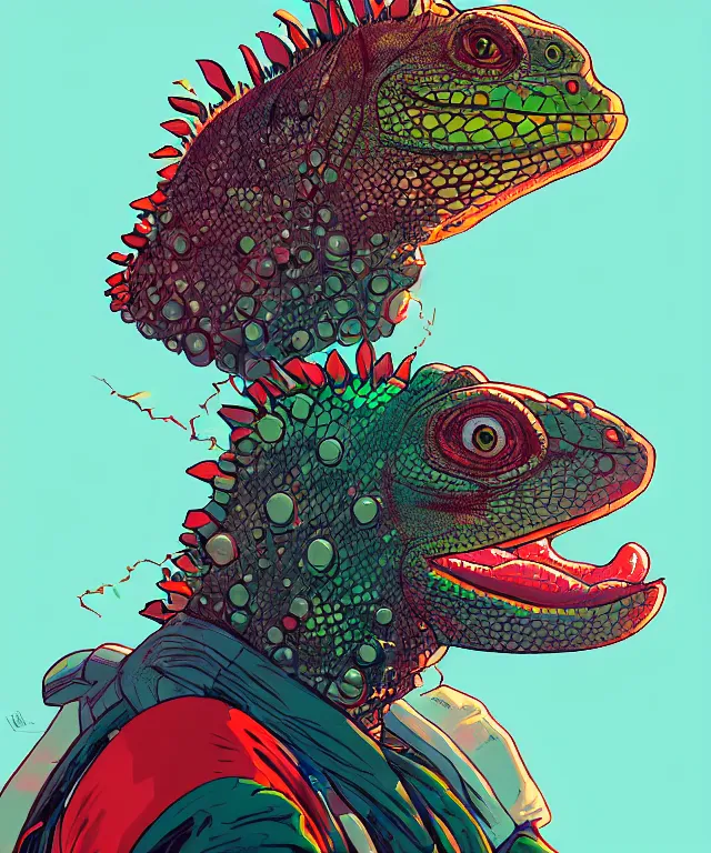 Prompt: a portrait of an iguana wearing a clown outfit, cyberpunk!, fantasy, elegant, digital painting, artstation, concept art, matte, sharp focus, illustration, art by josan gonzalez