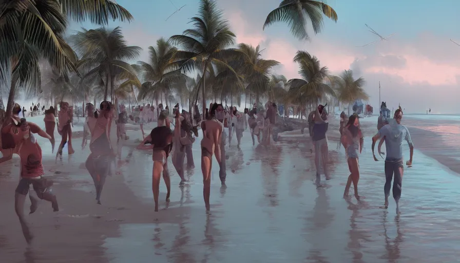 Image similar to people on miami beach fleeing after watching tsunami coming at them, hyperdetailed, artstation, cgsociety, 8 k