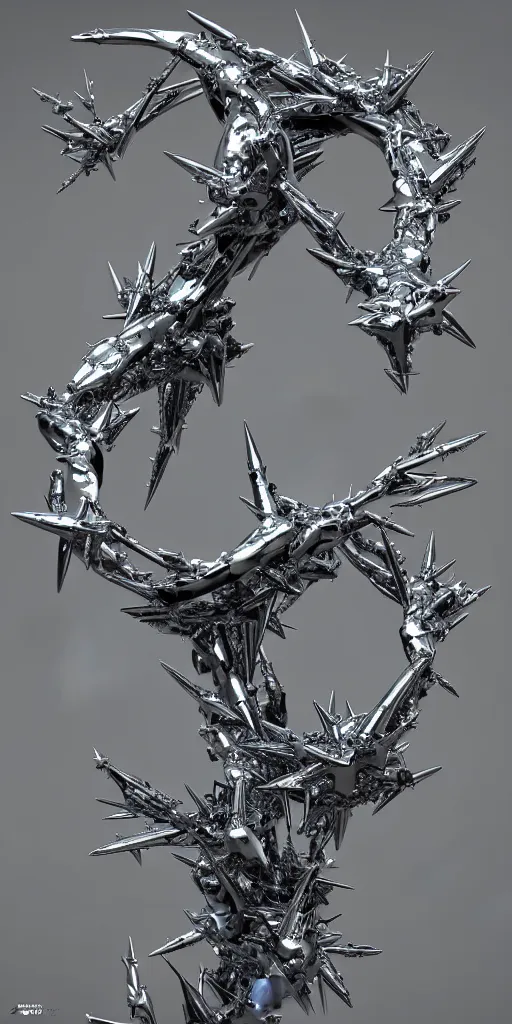 Image similar to 3 d render of a chrome torii gate sculpture, chrometype, made of liquid metal, neotribal with thorns and thunders, hyper realistic, volumetric lightning, 8 k, by zhelong xu