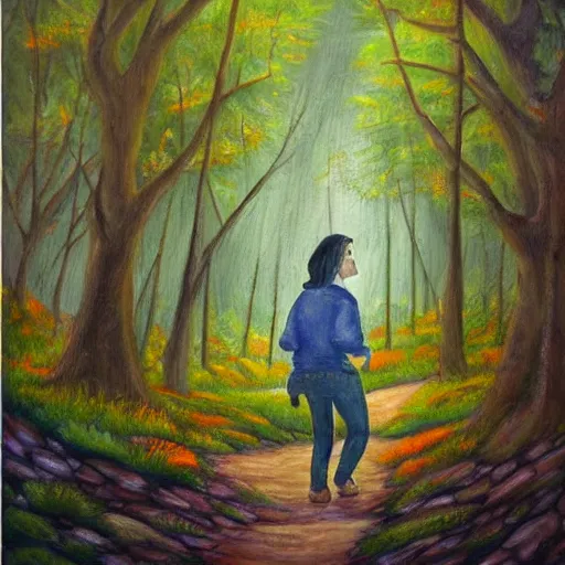 Prompt: a painting of a person walking through a forest, a storybook illustration by jon coffelt, pixiv contest winner, metaphysical painting, storybook illustration, acrylic art, oil on canvas