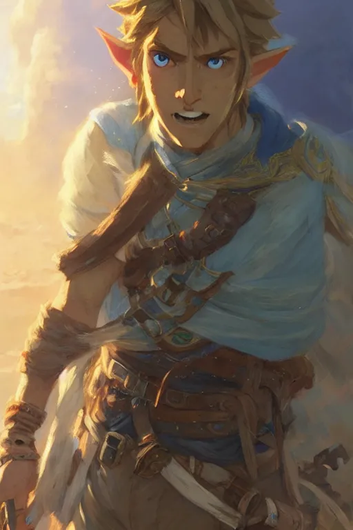 Image similar to a portrait of link from breath of the wild, by gaston bussiere, by mandy jurgens and bayard wu and greg rutkowski, cinematic lightning