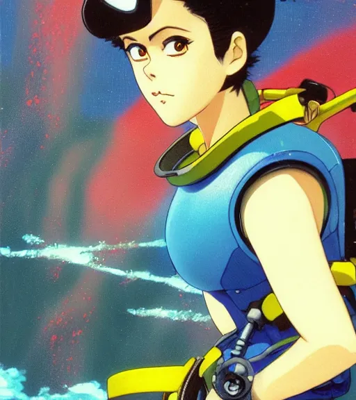 Prompt: an anime portrait of beautiful young sigorney weaver as a scuba diver still from astroboy 1 9 8 6 by ilya kuvshinov katsuhiro otomo, magali villeneuve, artgerm, jeremy lipkin and michael garmash, rob rey and kentaro miura style, symmetrical, depth of field, deep focus