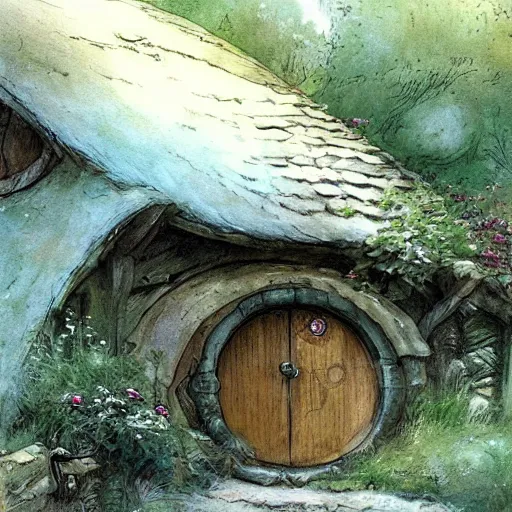 Image similar to hobbit house. muted colors. by Jean-Baptiste Monge style of Jean-Baptiste Monge painted by Jean-Baptiste Monge in art book of Jean-Baptiste Monge,