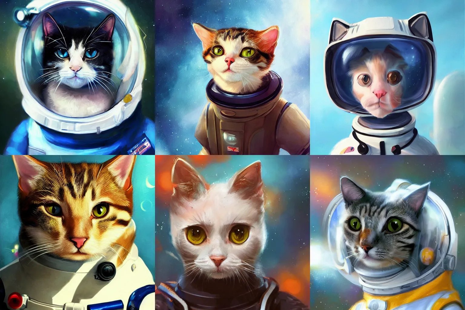 Image similar to head and shoulders masterpiece portrait of a cute adorable cat wearing a spacesuit, surreal background, digital art by Krenz Cushart, trending on artstation, cgsociety,