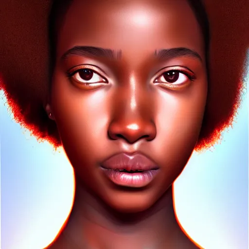 Image similar to a Photorealistic dramatic hyperrealistic bright eyes, African American girl, beautiful hair, by Sam yang, samdoesart, Beautiful dynamic dramatic bright sunset lighting,shadows,cinematic atmosphere,Artstation,concept design art, digital painting, 8k