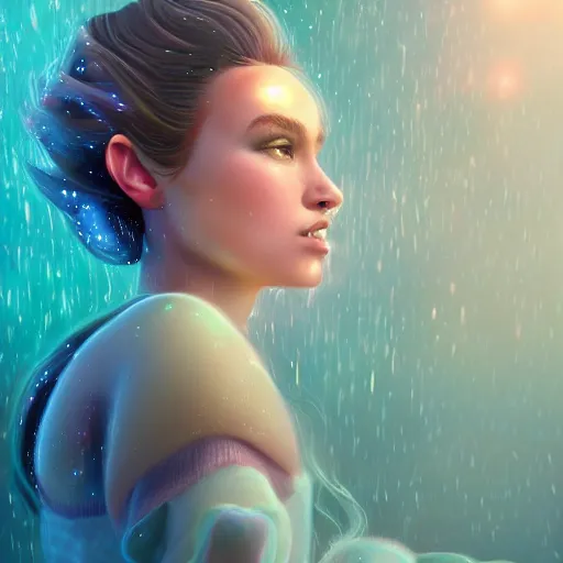 Image similar to magical fairy floating in space, epic cartoon portrait made out of rain, beautiful face, stunning concept art, highly detailed, galaxy background, rendered in octane, unreal engine, trending on artstation, realistic, diviantart