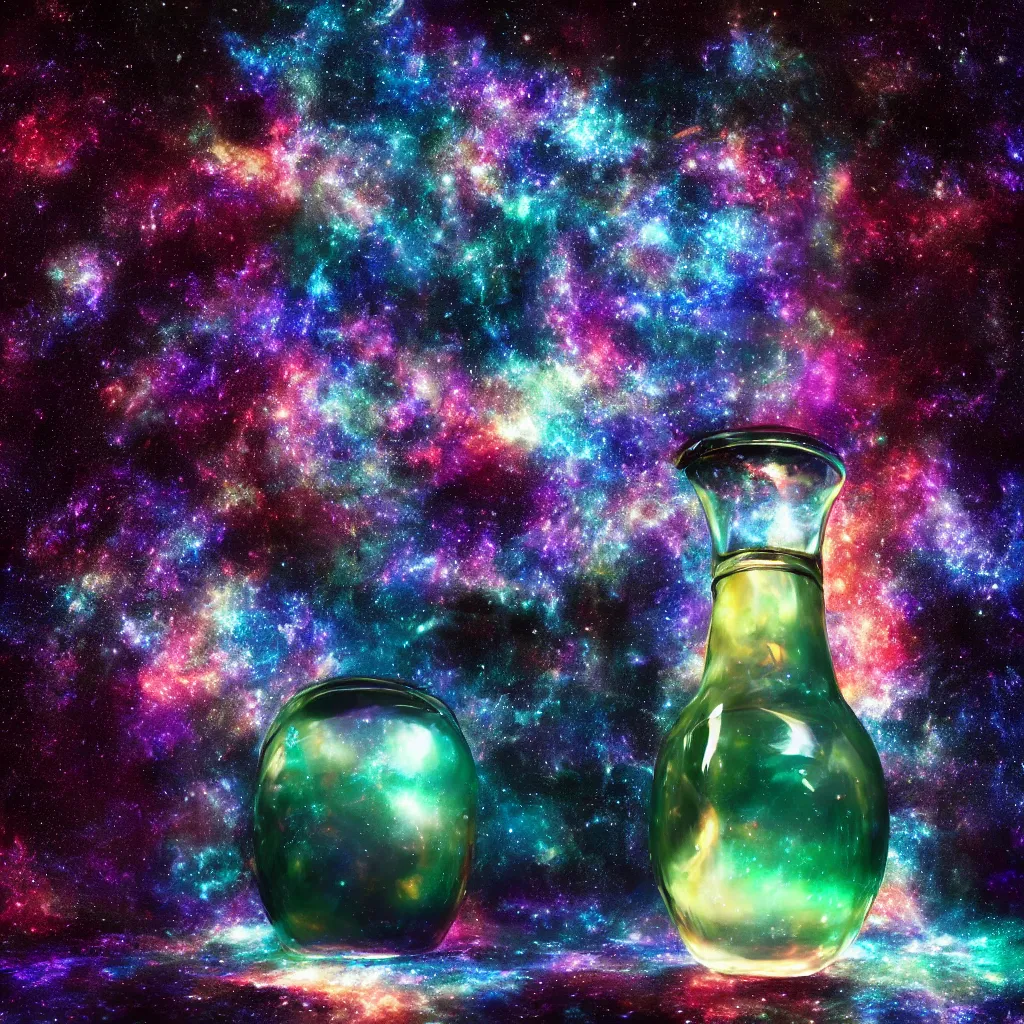 Image similar to a galaxy inside a bottle made of stars, space, nebulas stars Dmt Psychedelic cosmos, cosmic, Hallucination, night sky; 8k, artstation, unreal engine, octane render, hdr, surrealistic, hyperrealism, glow, photorealistic, volumetric lighting, Dreamy, dynamic, mystical