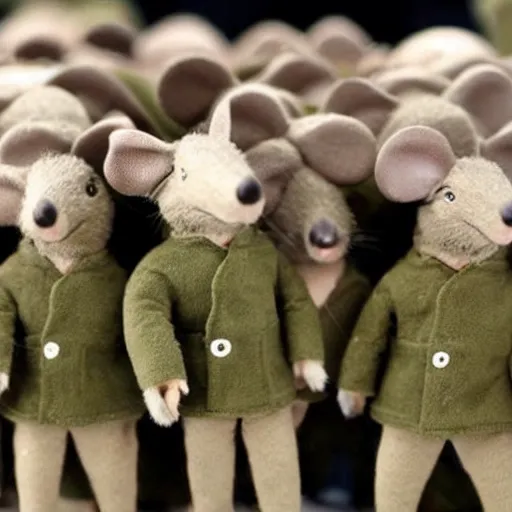 Image similar to group of mice wearing military outfits and going to war, dramatic