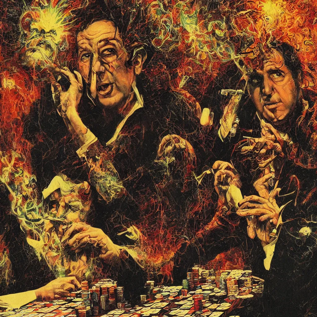 Image similar to portrait of bill hicks playing poker and smoking, vivid colors, perfect faces, in the art style of virgil finlay, paul lehr, frank kelly freas, wayne barlowe, bob pepper, wally wood, moebius, h. r. giger, frank frazetta, richard m. powers. digital art, concept render.