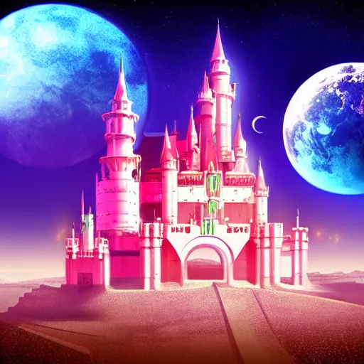 Image similar to Satoshi's futuristic castle, synthwave, space background, very beautiful, photo realistic