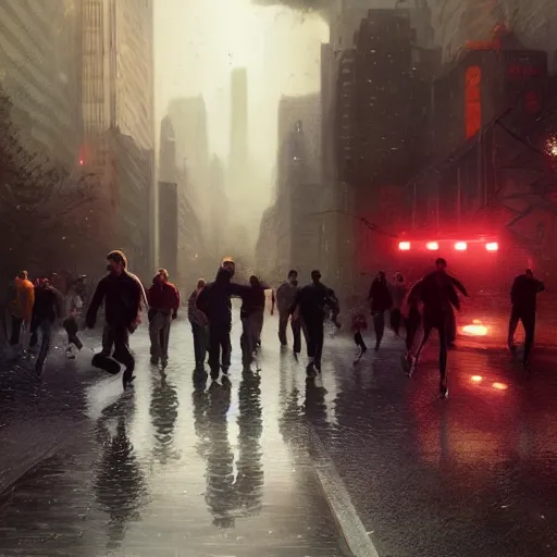 Image similar to people running towards the camera, running from godzilla, chillwave, electronic billboards, tech noir, wet reflections, atmospheric, ambient, livia prima, greg rutkowski, edward hopper, pj crook