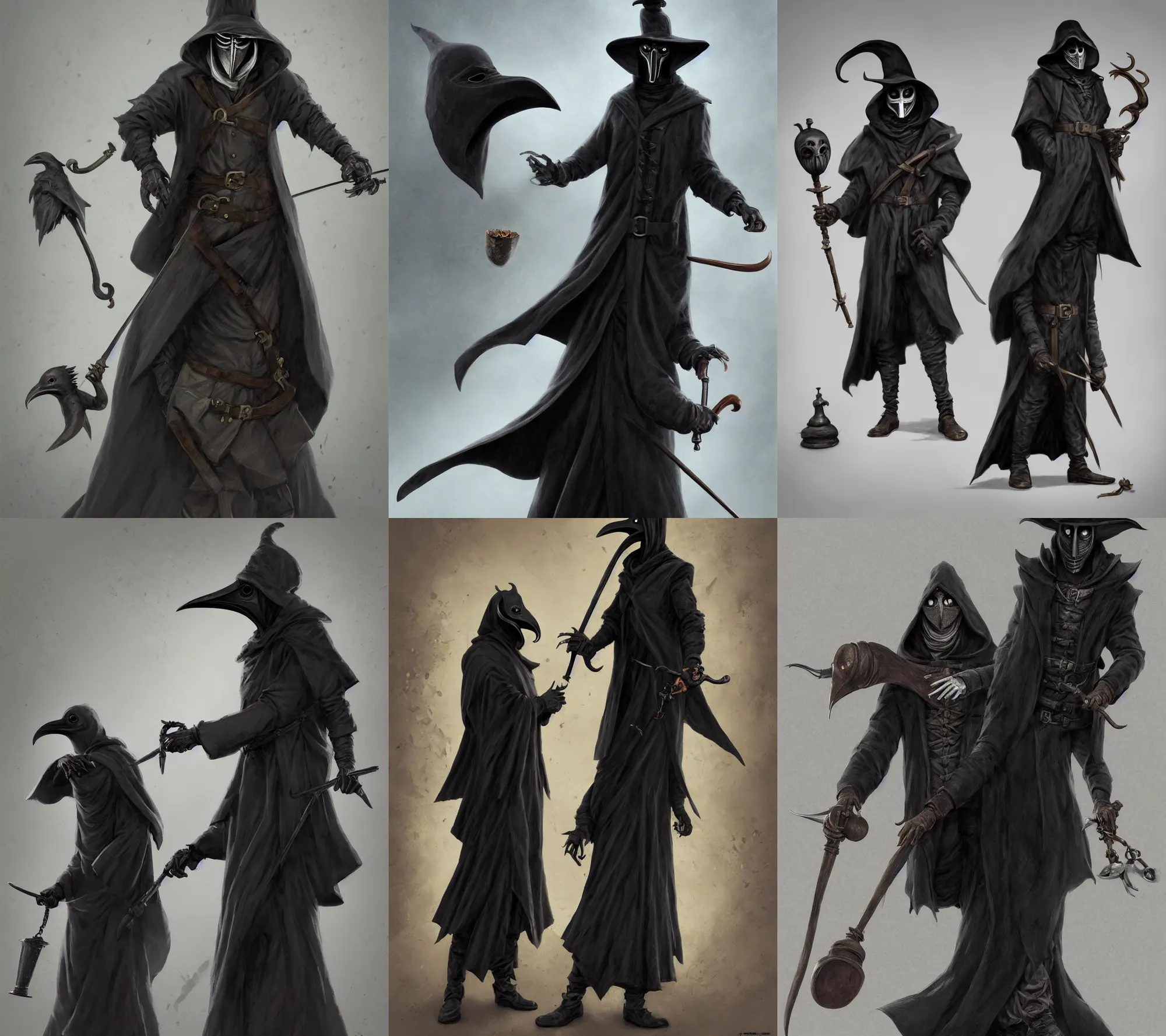 Image similar to Full body Picture of a male Plague doctor, jet black tuffle coat, beaked mask, battle, detailed face features, alone, D&D, by artgerm and Craig Mullins, James Jean, Andrey Ryabovichev, Mark Simonetti and Peter Morbacher, matte painting, trending on artstation, artstationHD, artstationHQ, octane, full HD, 16K, award winning