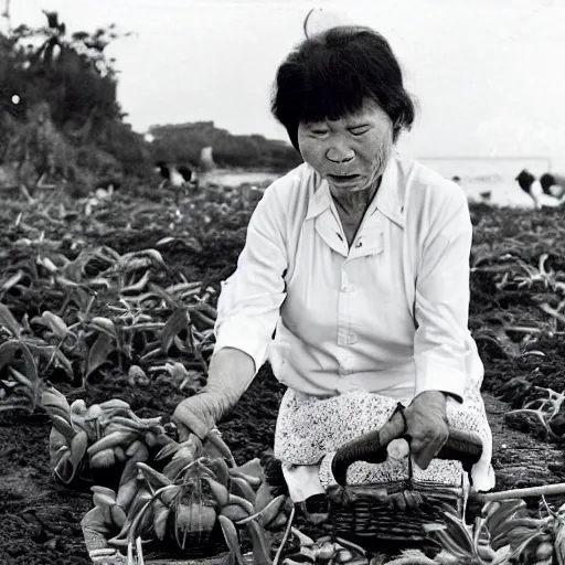 Prompt: an 8 0 s photo of an old vietnamese woman tending to her vegetable patch by the sea, photography