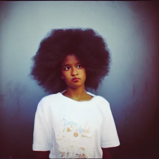 Prompt: teenager light - skin girl, afro hair, stares at the camera, night sky, stars, bruce gilden, leica s, fuji 8 0 0, grainy, low light