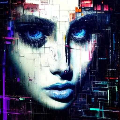 Prompt: hyperrealistic portrait of a young women with crystal eyes, by Guy Denning, by Johannes Itten, by Russ Mills, glitch art, hacking effects, cyberpunk, color blocking!, oil on canvas, intricate detail, concept art, abstract, detailed lines, clean, polished, symmetrical, octane, cgsociety, 8k, trending on artstation